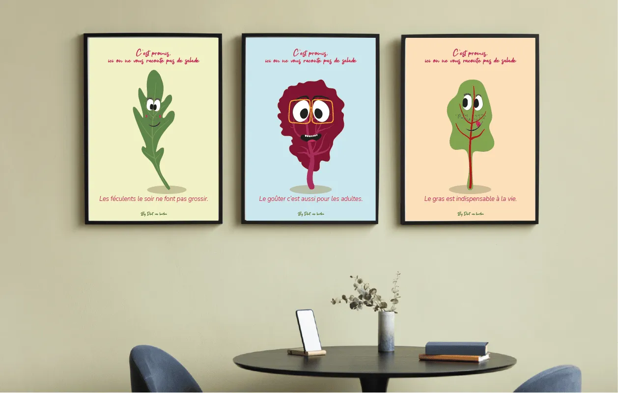 Bureau de diététicien avec trois affiches de la série "promis, ici on ne vous raconte pas de salade"